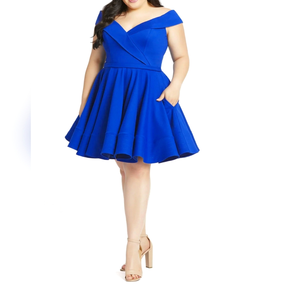NWT Mac Duggal 48887 Off Shoulder Fit & Flare Dress Blue Sz 14 Mini Dress $398